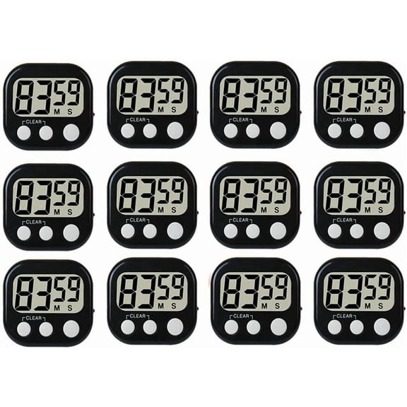 12 Pack Digital Large LCD Display Loud Alarm Strong Magnc Stand, Minute Seconds Count Up Countdown and Simple Operation Timers for Cooking, Bathroom, Kids, Teacher, Classroom - Black