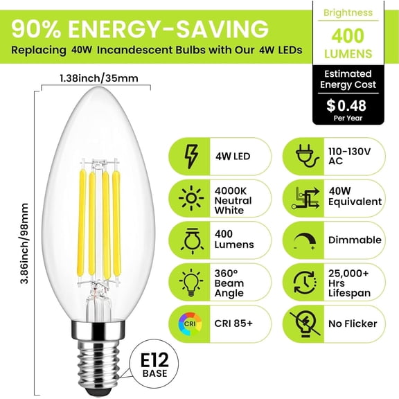12-Pack Dimmable E12 LED Candelabra Bulbs 40W Equivalent, 4000K Neutral White, 400 Lumens Chandelier Light Bulb, B11 Vintage Type B LED Filament Clear Glass Candle Light Bulb for Ceiling Fan
