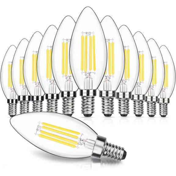 12-Pack Dimmable E12 LED Candelabra Bulbs 60W Equivalent, 4000K Neutral White, 600 Lumens Chandelier Light Bulb, B11 Vintage Type B LED Filament Clear Glass Candle Light Bulb for Ceiling Fan