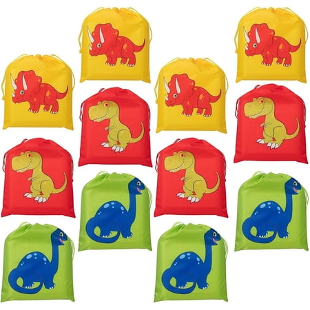 12 Pack Dinosaur Drawstring Party Favors Gift Bags for Kids Goodie, Large Dino Birthday Treat Pouches, 9.7 x 12 in