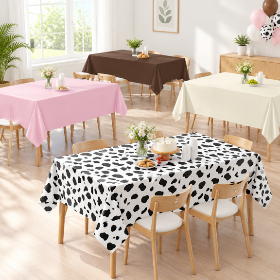 12 Pack Disposable Plastic Tablecloths, Beige Macaron Pink Coffee Cow Print, for Rectangle Party Tables