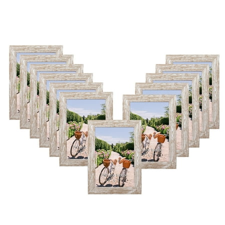 12 Pack Distressed 5x7 Picture Frame Set, Rustic Beige Wood Grain 5 by 7 Photo Frames for Wall or Tabletop Display