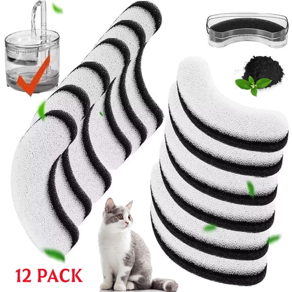12-Pack Dog Water Fountain Replacement Filters, Compatible with WF050 & WF100 Automatic Cat Water Fountain Dispenser, Foam Sponge & Carbon Pet Fountain Filters for Dogs & Cats