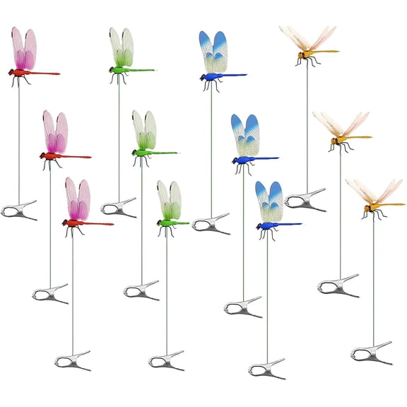 12 Pack Dragonfly Clip,Fake Dragonflies, Humming Bird Stakes Fake, Plastics Dragonfly for Garden Stakes Decor Yard Ornaments for Hat,Deer and Horse,Fly Scare Devices for Indoor Outdoor