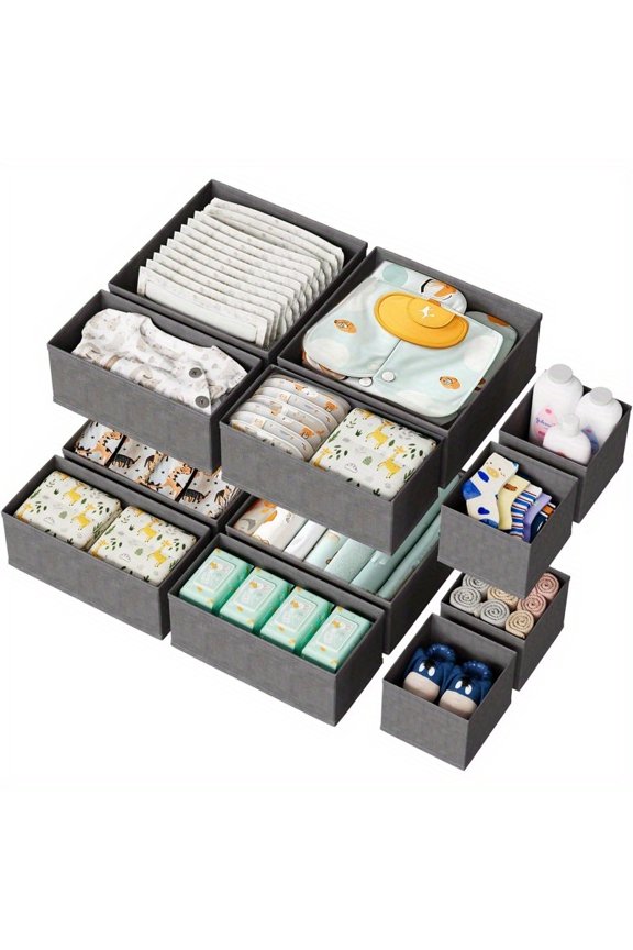 12 Pack Drawer Organizer For Baby Clothes, Nursery Drawer Organizer For Baby Diaper, Collapsible Deep Fabric Drawer Organizer With Zipper For Socks, Bra, Towels, Ties, Grey