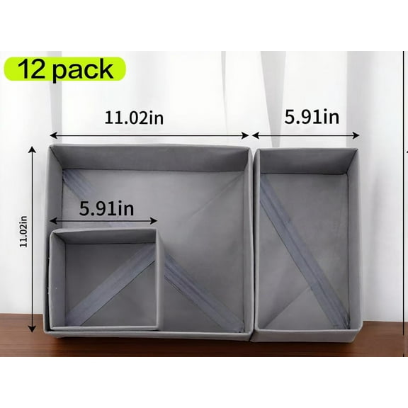 NEWJOEY Closet Drawer Organizers 12 Pack, Foldable Storage Bins with Dividers, 3 Sizes Fabric Dresser Boxes for Clothes, Gray