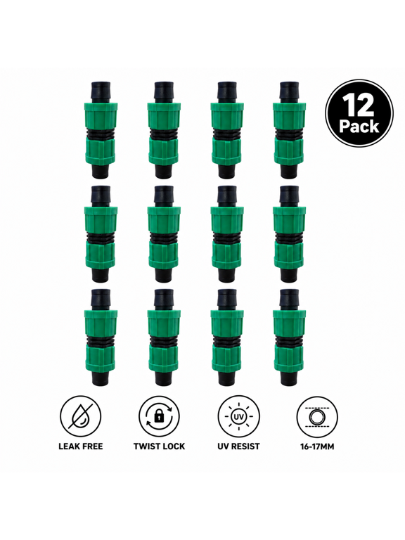 12 Pack Drip Irrigation Coupling 1/2" Tubing Connectors Twist Lock Straight, Fittings Most 16-17mm Tubing