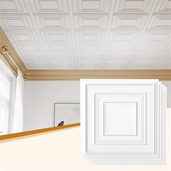12 Pack Drop Ceiling Tiles 24Inch Square PVC Waterproof 3D Textured Ceiling Panels White Home Offices Basements Kitchen Bathroom Gyms DIY Friendly Glue Up Grid Install Paintable Lightweight 48 Sq Ft