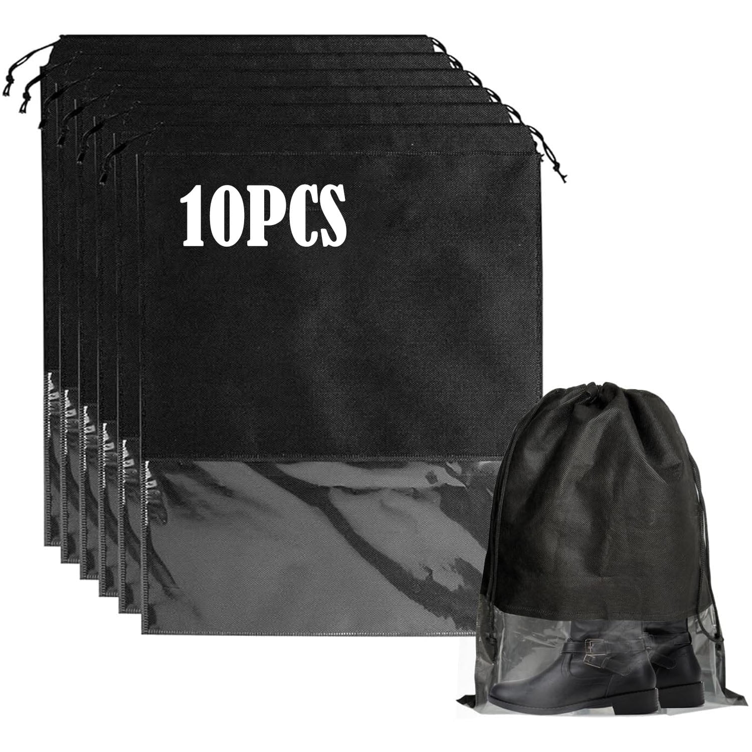 10 Pack Dust Bags for Purses and Handbags, Large Non-Woven Dustproof Drawstring Bags, Travel Shoe Bags, Purse Dust Bags for Storage with Transparent Slot -15.7in X 19.6in, Black