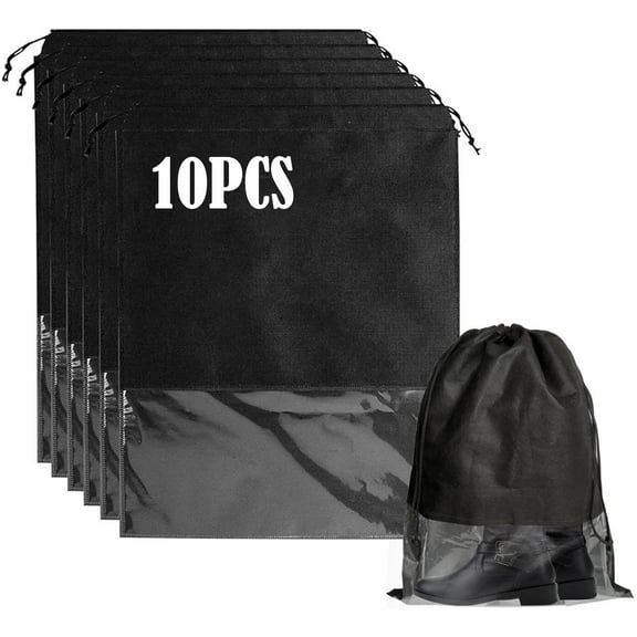 10 Pack Dust Bags for Purses and Handbags, Large Non-Woven Dustproof Drawstring Bags, Travel Shoe Bags, Purse Dust Bags for Storage with Transparent Slot -15.7in X 19.6in, Black