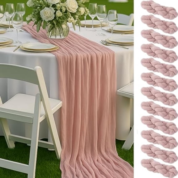 12 Pack Dusty Pink Cheesecloth Table Runners 10FT Blush Gauze Boho Table Decor Set for Bridal Shower Mother's Day Brunch  Girl Party or Romantic Wedding Reception