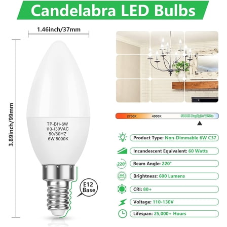 12-Pack E12 Candelabra LED Bulbs 6W 600LM 5000K Daylight Light Bulb