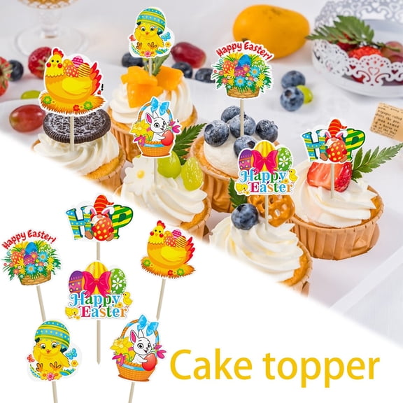 12-Pack Easter Bunny Cake Topper Picks, Happy Easter & Birthday Themed Wooden Stick Card Picks For Easter Parties, Baby Showers, Birthdays, And Dessert Table Decoration