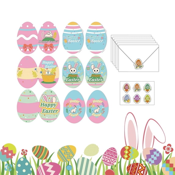 12 Pack Easter Cards with Envelopes & Stickers Happy Easter Greeting Cards Bunny Card for Classroom Exchange Spring Colorful Eggs Bunny Blank Card Holiday, C