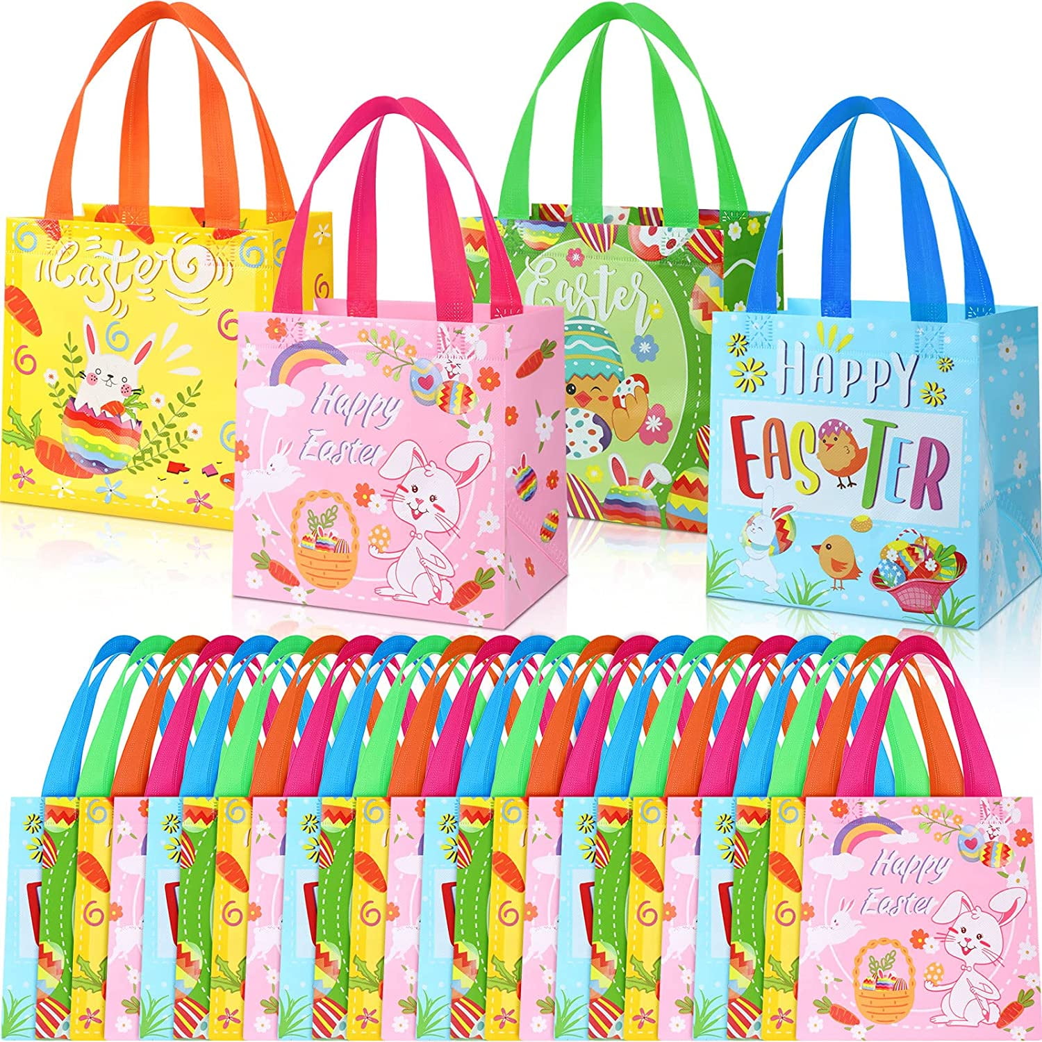 12 Pack Easter Egg Hunt Bags, Bunny Egg Gift Bags with Handles Reusable Easter Treat Bags for Kids Non-Woven Easter Gift Bags for Gifts Wrapping, Egg Hunt Game, Easter Party Supplies