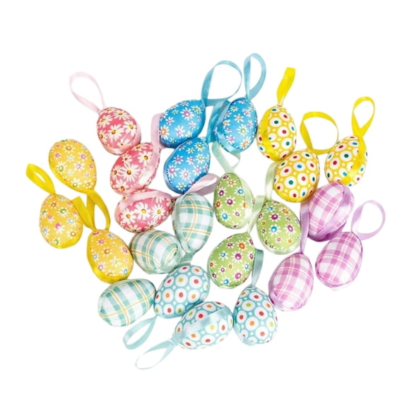 12 Pack Easter Egg Ornaments Set with Ribbon Loops - Polka Dot, Gingham & Daisy Prints for Easter Tree & Spring Decor