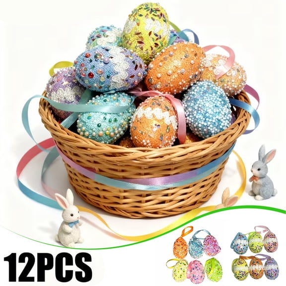 12 Pack Easter Hanging Decorations, Foam Eggs with DIY Painting, Resurrection Party Props, Spring Festival Ornaments for Home