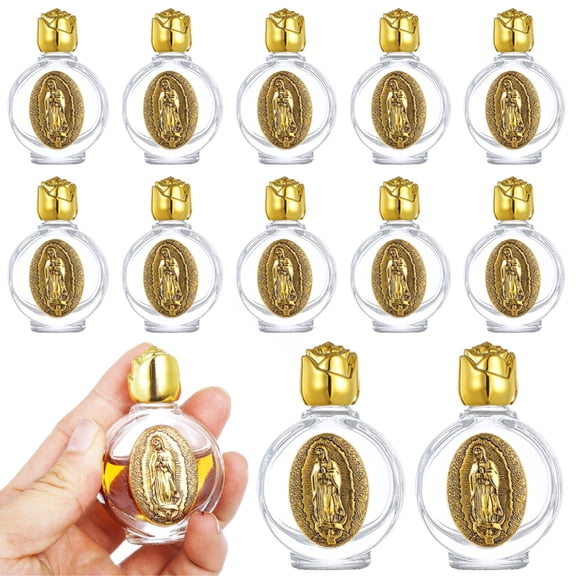 12 Pack Embossed Holy Water Flasks, Empty Golden Sacred Water Vials, Tiny Refillable Glass Vessels, Travel Church Keepsakes Holy Water Containers, Glass Aroma Oil Holders