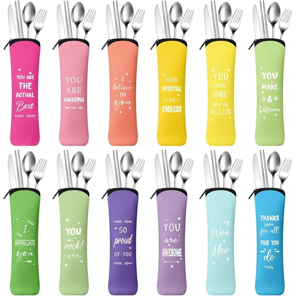 12 Pack Employee Appreciation Gifts Bulk for Coworkers Reusable Flatware Sets Portable Travel Cutlery Set with Case Motivational Presents Bulk for Nurse Teacher Coworkers