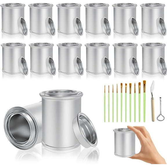 12 Pack Empty Paint Cans with Lids (1/4Pint Size),1/2 Cup Capacity Empty Unlined Paint Cans Paint Storage Containers for Leftover,For DIY Painting Crafts Silver Round Leftover Paint Storage Container