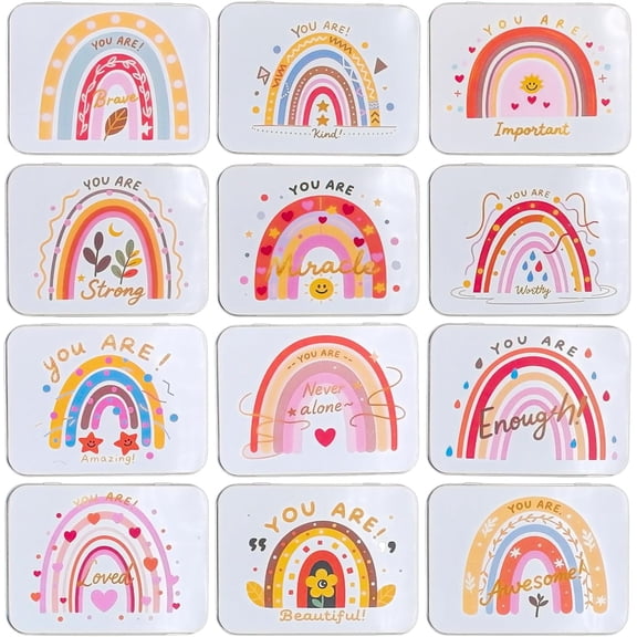 12 Pack Empty Rectangular Metal Storage Organizer Tins Gift Boxes with Inspirational Quotes Image Pattern on the Lid, 4.5 x 3.3 x 0.9 inch