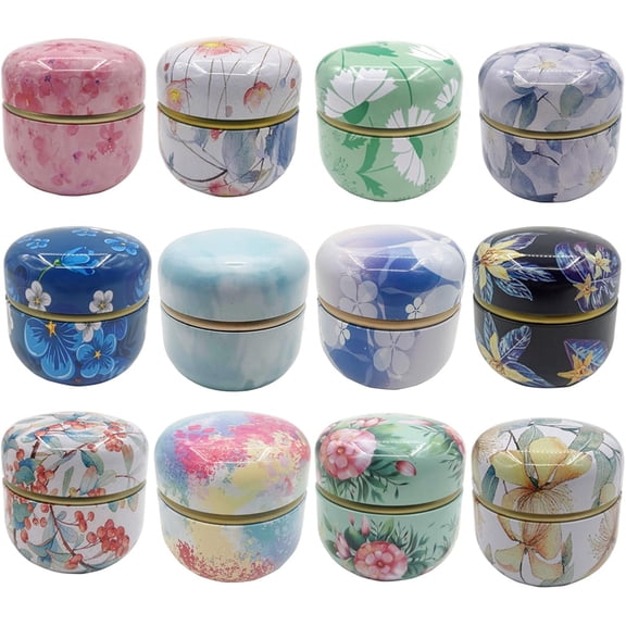 12-Pack Empty Tin Can Candle Containers With Lid Sealed Jar Scented Tea Tins Metal Coffee Candy Cans Gift Storage Jewelry Boxes Ink Printing Pattern Round Can