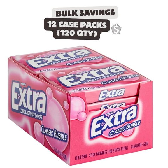 12 Pack - Extra Classic Bubble Gum 15 stick each, 120 total count