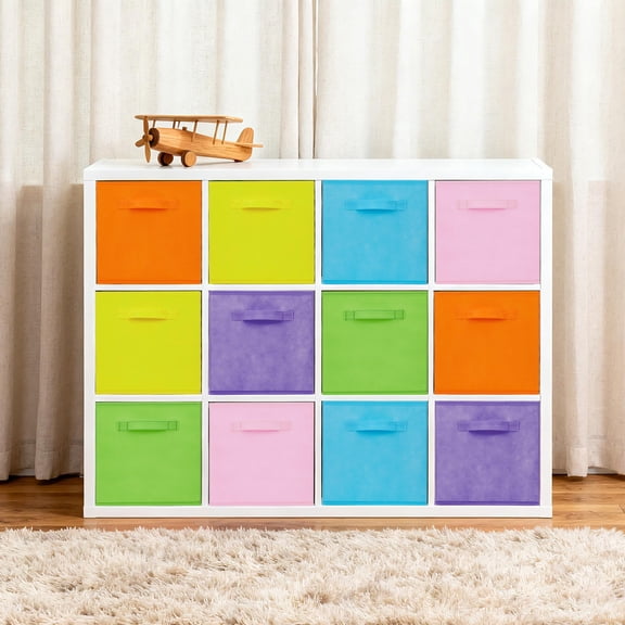12-Pack Fabric Storage Cubes, 11 Inch Square Collapsible Bins with Handles, Foldable No-Lid Organizer Baskets in Macaron Colors for Shelves, Closet, Kids Room, Dorm Multicolor