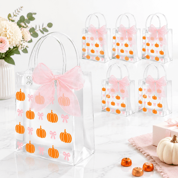 12 Pack Fall Pumpkin PVC Gift Bags with Handles and Pink Ribbon