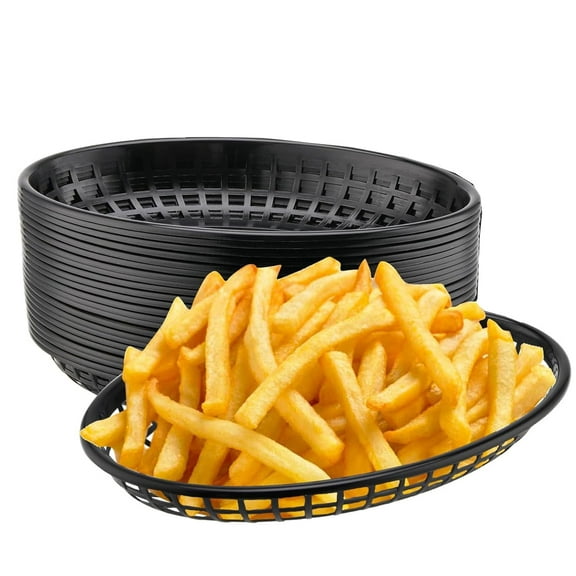 12 Pack Fast Food Serving Baskets,Bexikou Food Service Baskets,Plastic Food Basket,Plastic Oval Restaurant Basket for Fast Food Restaurant, Burgers, Sandwiches, Fries (Black)