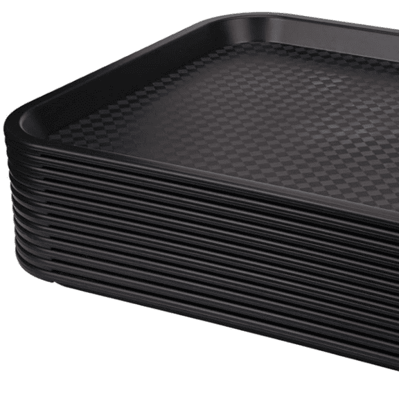 12 Pack Fast Food Tray, 13.8 x 10.5 Inch Plastic Restaurant Serving Tray Cafeteria Tray for Coffee Table, Kitchen, Party, Black