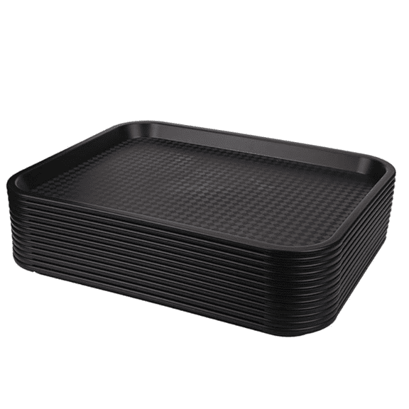 12 Pack Fast Tray, 13.8 x 10.5 Inch Plastic Restaurant Serving Tray Cafeteria Tray for Coffee Table, Kitchen, Party, Black