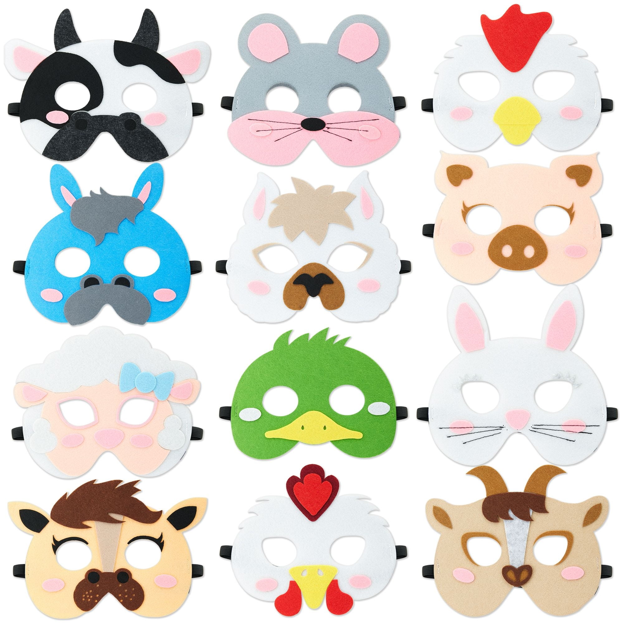 BLUE PANDA 12-Pack Felt Animal Masks for Kids' Farm-Themed Birthday Party, 12 Unique Animal Designs, Includes Cow, Chicken, Rooster, Pig, Bunny, Sheep, and Duck Designs (7x7 in)