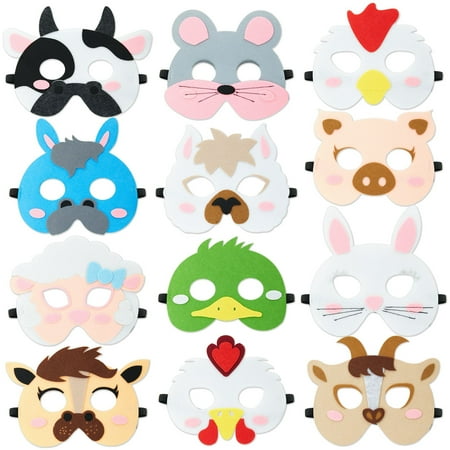 12-Pack Felt Animal Masks for Kids' Farm-Themed Birthday Party, 12 Unique Animal Designs, Includes Cow, Chicken, Rooster, Pig, Bunny, Sheep, and Duck Designs (7x7 in)
