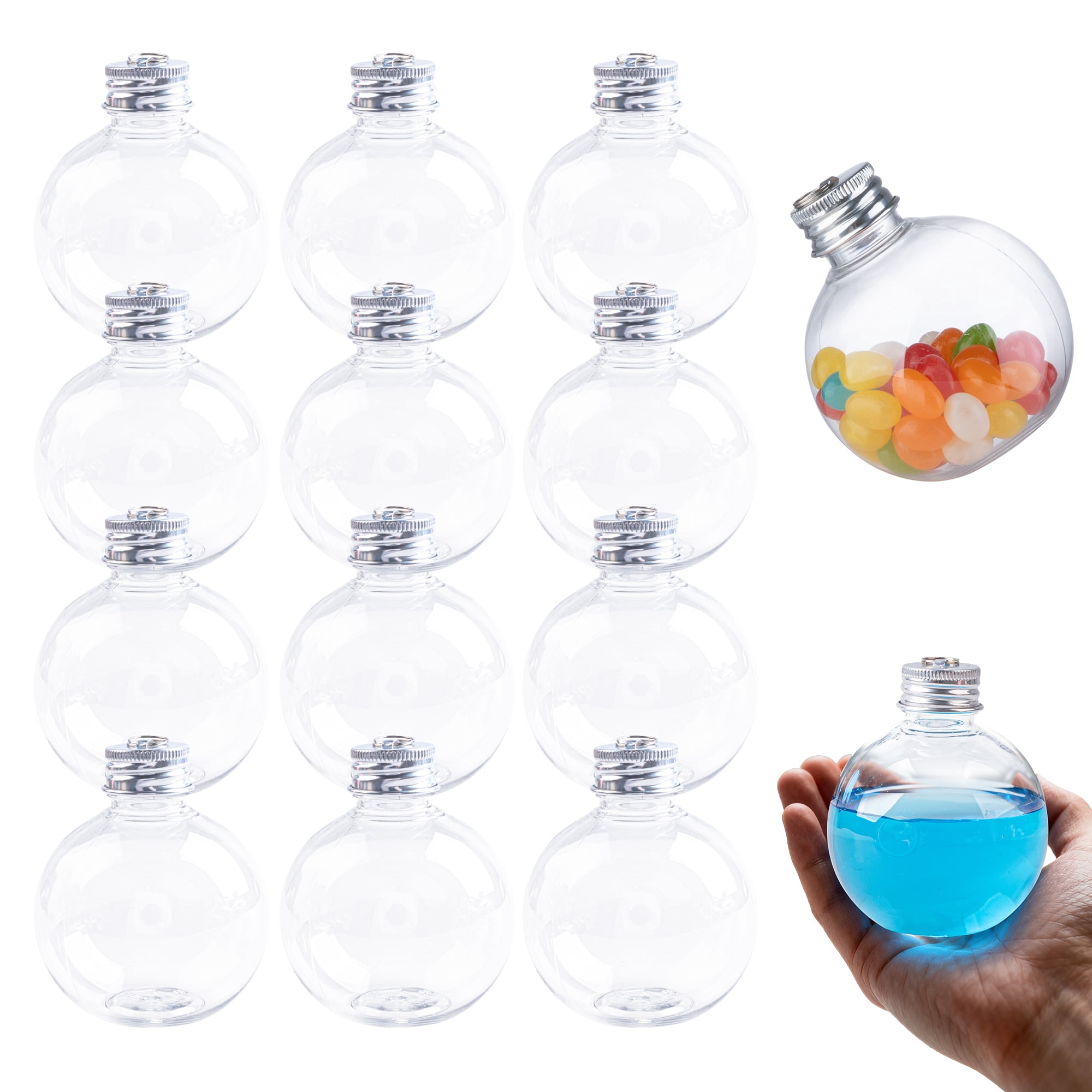 12 Pack Fillable Christmas Ornament Balls for Drinks, 5 oz Plastic Bulb Ornaments for Tree Hanging Decor, Holiday Gifts and Stocking Stuffers