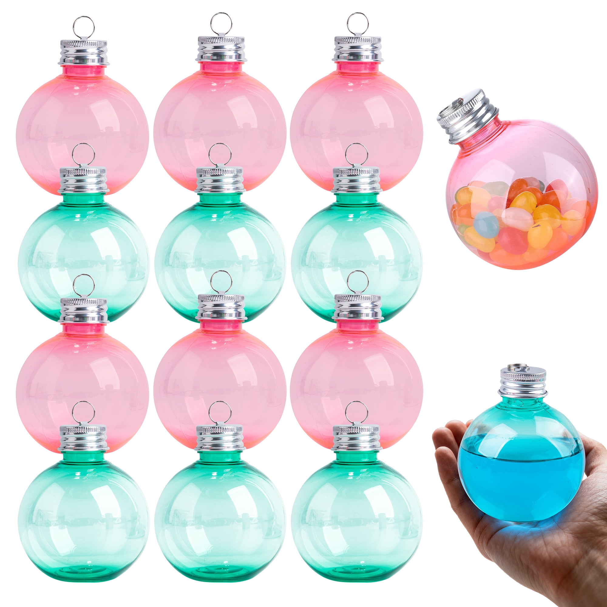 12 Pack Fillable Christmas Ornament Balls for Drinks, 5 oz Plastic Bulb Ornaments for Tree Hanging Decor, Holiday Gifts and Stocking Stuffers