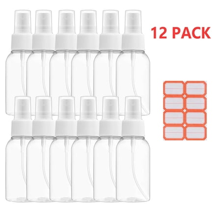 12 Pack Fine Mist Spray Bottle , 2 Ounce Clear Empty Mini Travel Plastic Water Spray Bottles 50ml Small Size Refillable Liquid Containers For Essential Oils
