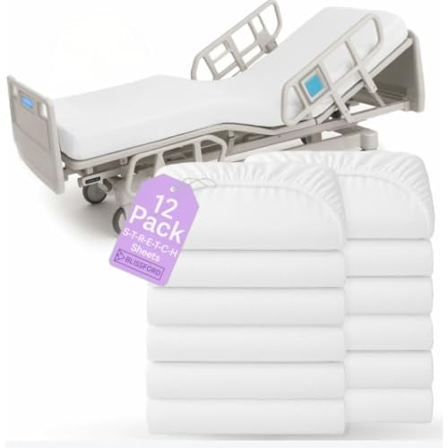 - 12 Pack Fitted Hospital Bed Sheets with Elastic All Around for a Cotton Rich Soft Knitted Jersey Sheet, 36” x 84” x 12”