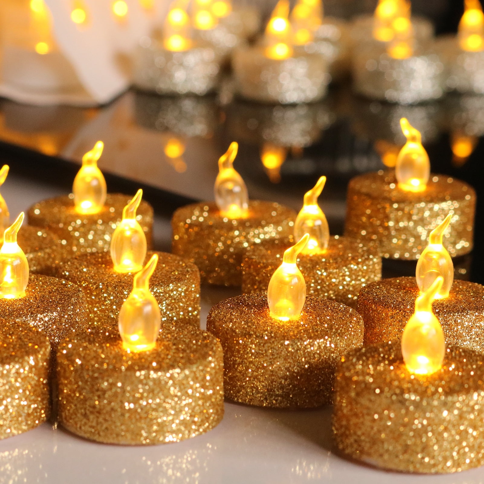 12-Pack Flameless Candles Light, Gold Tea Lights for Halloween Christmas Wedding Decoration