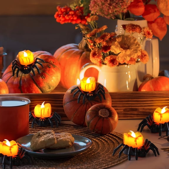 12-Pack Flameless LED Candle Lights - Energy Saving, Battery Operated; 3D Spider Tealights with Warm Yellow & Purple Glow - Festive Accents for Home, Halloween, Christmas and Beyond