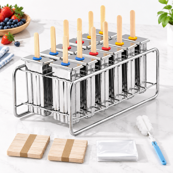 12 Pack Flat Square Stainless Steel Homemade Ice Lolly Popsicle Makers with Wooden Sticks and Bags