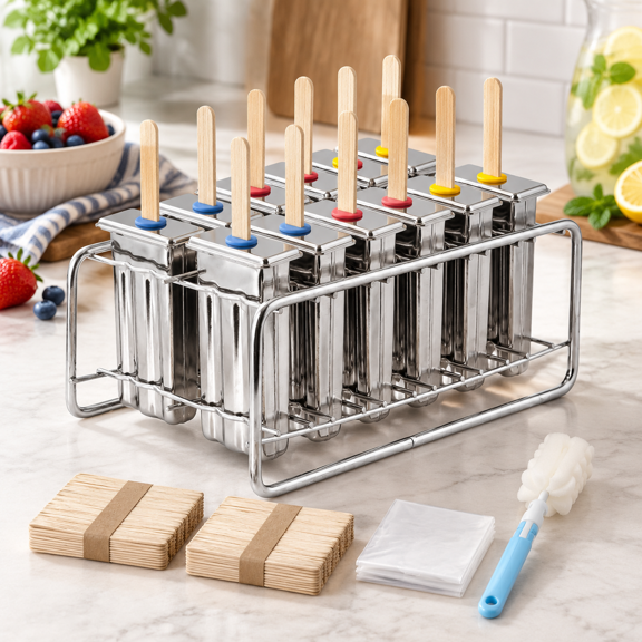 12 Pack Flat Square Stainless Steel Homemade Ice Lolly Popsicle Makers with Wooden Sticks and Bags