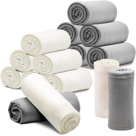 12 Pack Fleece Throw Blankets 50 x 60 Inches Double-Faced Velvet Beige and Light Gray