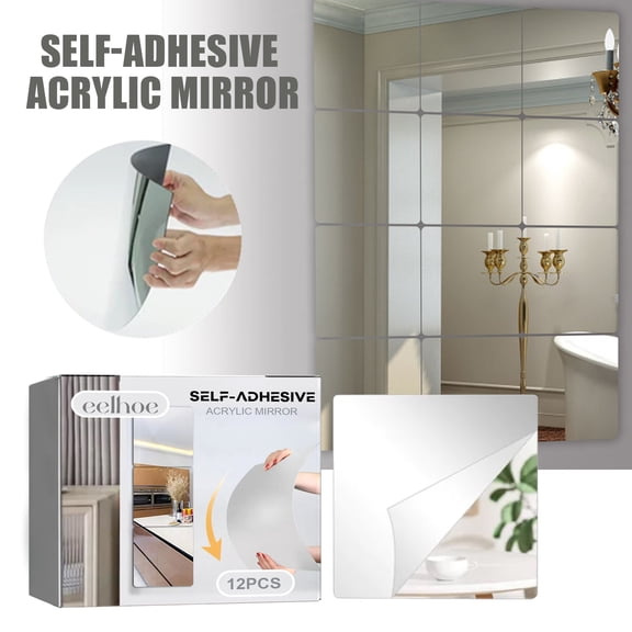 "12-Pack Flexible Acrylic Mirror Sheets, 3.9" x 3.9" Self-Adhesive, Cuttable Square Mirror Tiles - Safe, Non-Glass Reflective Stickers for DIY, Crafts & Home Wall Decor"
