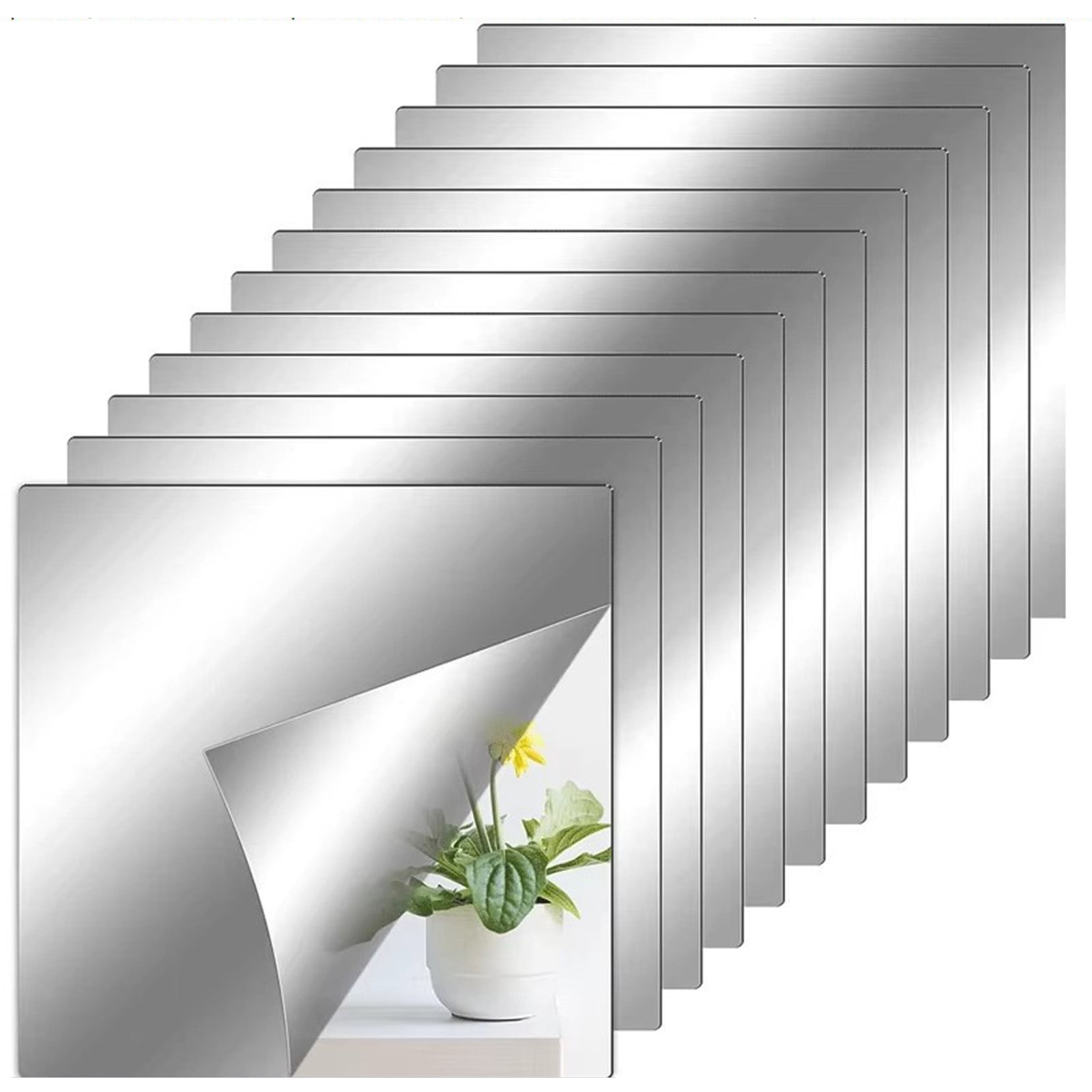 12-Pack Flexible Mirror Sheets - Self-Adhesive Cuttable Non-Glass Mirror Tiles, Safe Reflective Wall Stickers for Home DIY Wall Decor