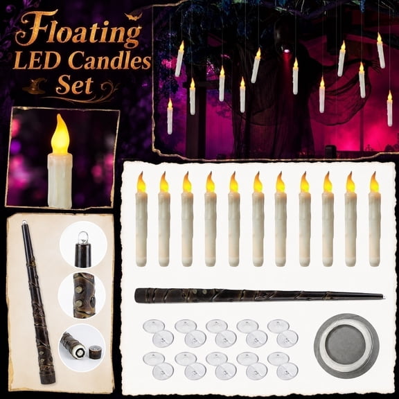 12-Pack Floating Flameless Candles with Magic Wand Remote, Battery Operated Hanging Flickering Candle Set, Witch Themed Floating Candle Decor for Halloween Christmas Party Window Mantel Ornaments