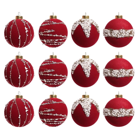 12-Pack Flocked & Beaded Christmas Balls – Decorative Hanging Ornaments for Xmas Tree, Wreaths & Holiday Displays, Assorted Styles & Colors
