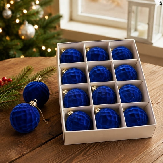 12 Pack Flocked Christmas Ball Ornaments, Royal Blue Velvet 3.15 Inch (8cm) Shatterproof Geometric Textured Hanging Baubles, Christmas Tree Decorations in Gift Box