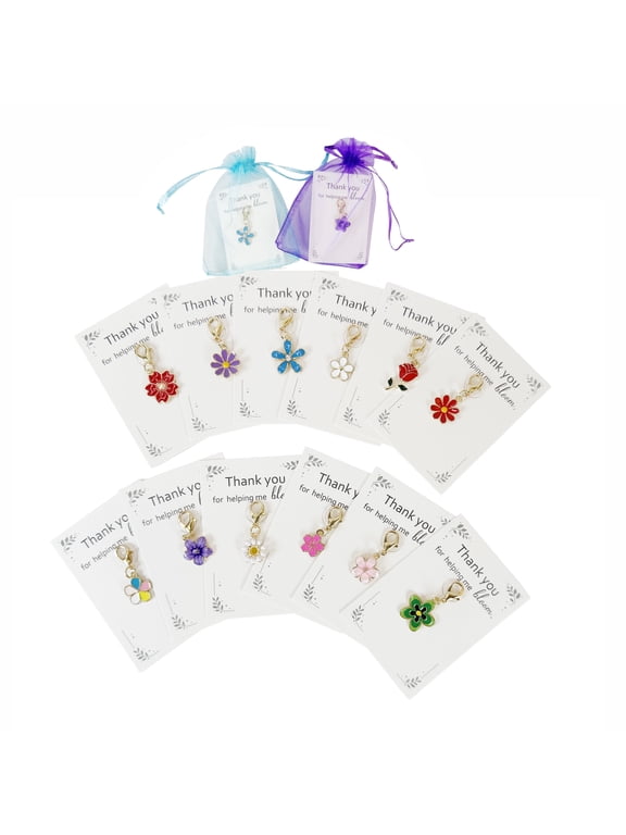 12 Pack Flower Charm Thank You Gifts with Cards and Organza Bags, Teacher Appreciation Gifts, Small Thank You Gifts Bulk, Flower Keychain Charms for Students Classroom Graduation Gifts