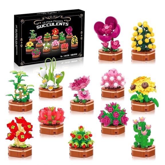 12 Pack Flower Succulent Building Bricks Set Compatible with Lego, 1001 Pcs DIY Creative Bouquet Building Blocks Kit for Adults & Teens, Art Floral Home Decor, Perfect Mother's Day Gift for Mom